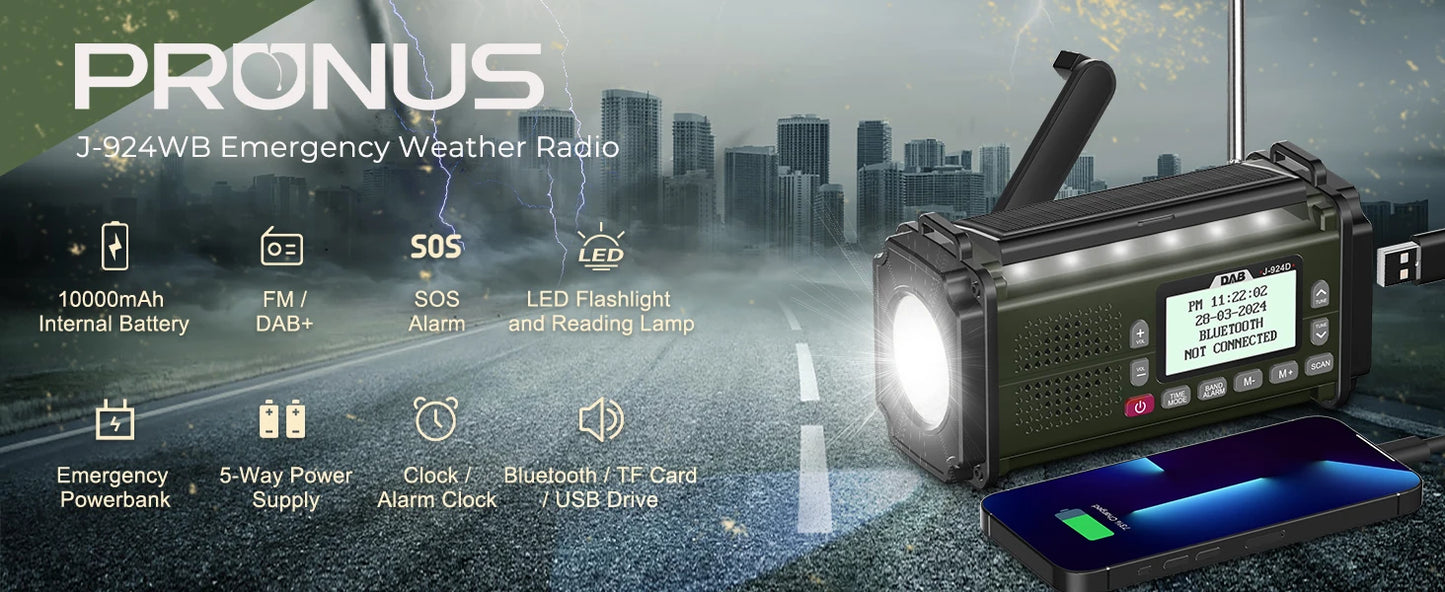DAB+ Radios FM Bluetooth Speaker 10000mAh PowerBan Emergency Radio Portable Solar Radio Receiver Hand Crank USB-C Charging LED