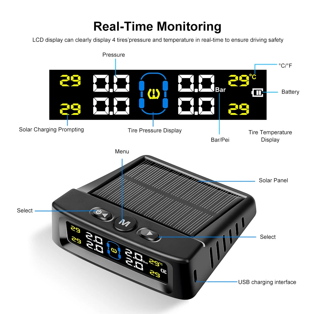 Solar TPMS Car Tire Pressure Alarm Digital Colorful Display 4/6 External Sensors Waterproof Tire Pressure Temperature Warning