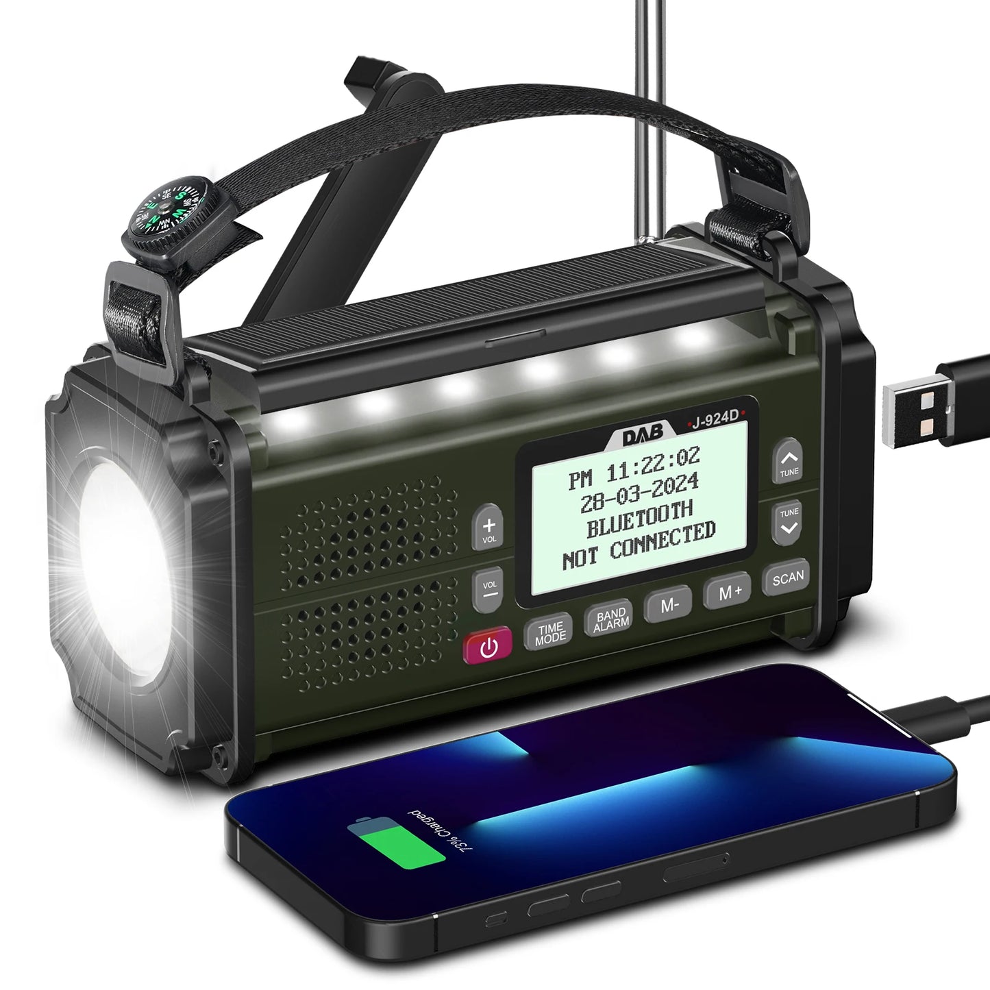 DAB+ Radios FM Bluetooth Speaker 10000mAh PowerBan Emergency Radio Portable Solar Radio Receiver Hand Crank USB-C Charging LED