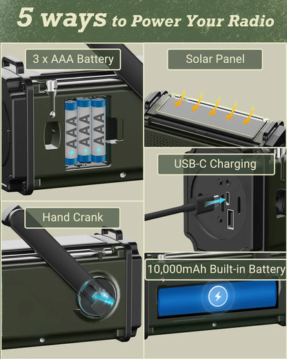 DAB+ Radios FM Bluetooth Speaker 10000mAh PowerBan Emergency Radio Portable Solar Radio Receiver Hand Crank USB-C Charging LED