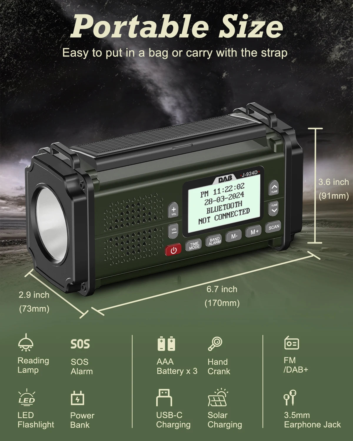 DAB+ Radios FM Bluetooth Speaker 10000mAh PowerBan Emergency Radio Portable Solar Radio Receiver Hand Crank USB-C Charging LED